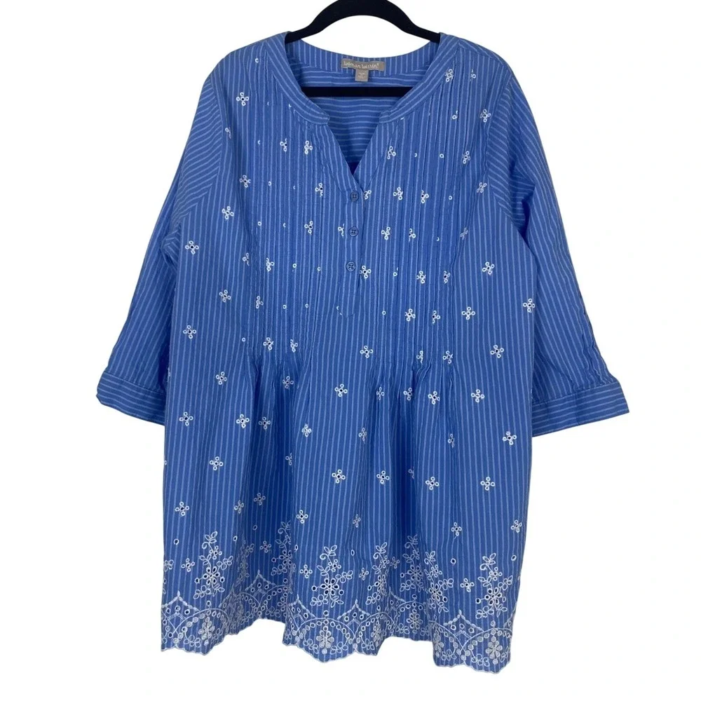Woman Within Tunic Women 14/16 M Blue 3/4 Sleeve Striped Eyelet Cotton Babydoll